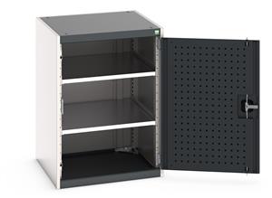 Heavy Duty Bott cubio cupboard with perfo panel lined hinged doors. 650mm wide x 650mm deep x 900mm high with 2 x100kg capacity shelves.... Bott Tool Storage Cupboards for workshops with Shelves and or Perfo Doors